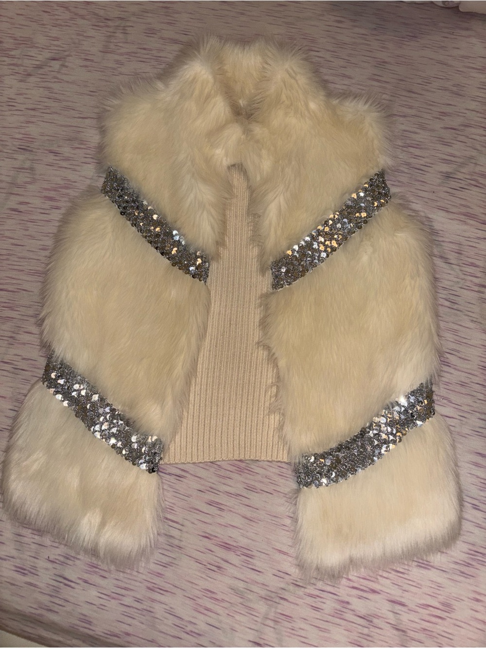 Girls Cream Faux Fur Vest with Sequin Trim - Kids Jackets & Coats